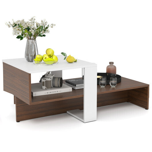 2-Tier Geometric Coffee Table with Storage Shelves for Living Room and Reception Room-White and Brown LuxuryLifeWay Online Store