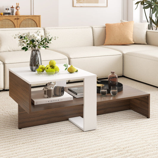 2-Tier Geometric Coffee Table with Storage Shelves for Living Room and Reception Room-White and Brown LuxuryLifeWay Online Store