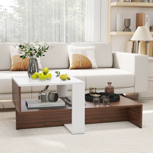2-Tier Geometric Coffee Table with Storage Shelves for Living Room and Reception Room-White and Brown LuxuryLifeWay Online Store