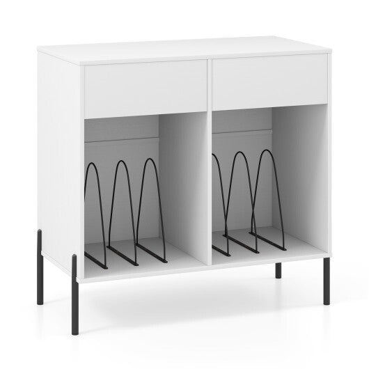 Record Player Stand with Power Outlets Double Wide Turntable Stand Vinyl Record Storage Table-White LuxuryLifeWay Online Store