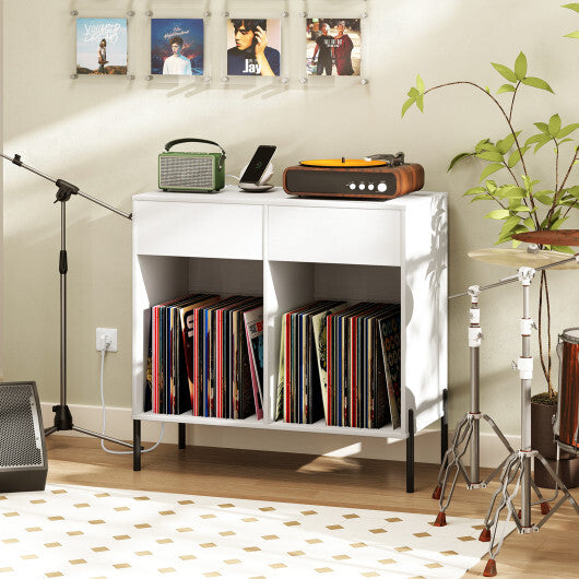 Record Player Stand with Power Outlets Double Wide Turntable Stand Vinyl Record Storage Table-White LuxuryLifeWay Online Store