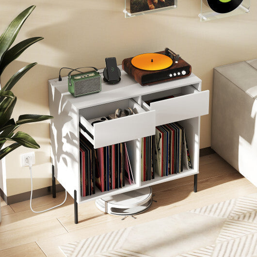 Record Player Stand with Power Outlets Double Wide Turntable Stand Vinyl Record Storage Table-White LuxuryLifeWay Online Store