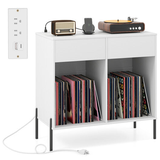 Record Player Stand with Power Outlets Double Wide Turntable Stand Vinyl Record Storage Table-White LuxuryLifeWay Online Store
