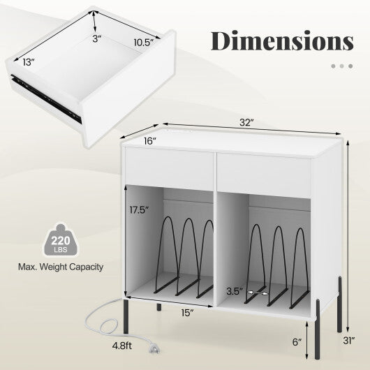 Record Player Stand with Power Outlets Double Wide Turntable Stand Vinyl Record Storage Table-White LuxuryLifeWay Online Store