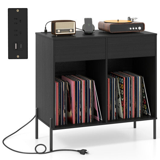 Record Player Stand with Power Outlets Double Wide Turntable Stand Vinyl Record Storage Table-White LuxuryLifeWay Online Store