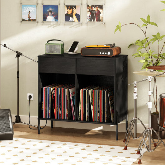 Record Player Stand with Power Outlets Double Wide Turntable Stand Vinyl Record Storage Table-White LuxuryLifeWay Online Store