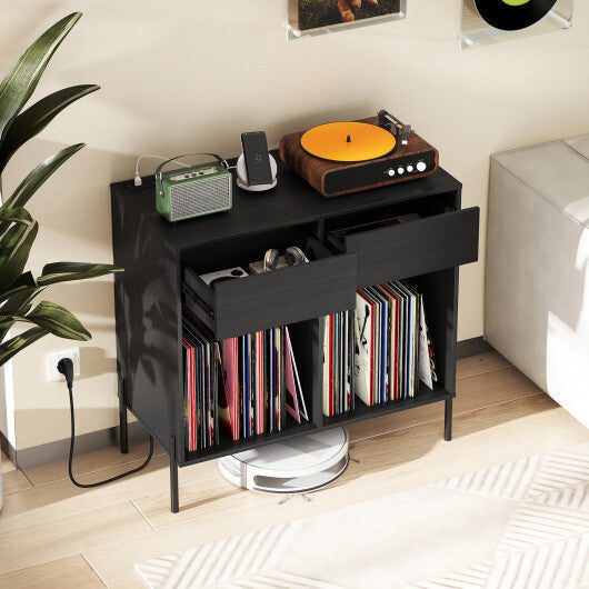 Record Player Stand with Power Outlets Double Wide Turntable Stand Vinyl Record Storage Table-White LuxuryLifeWay Online Store
