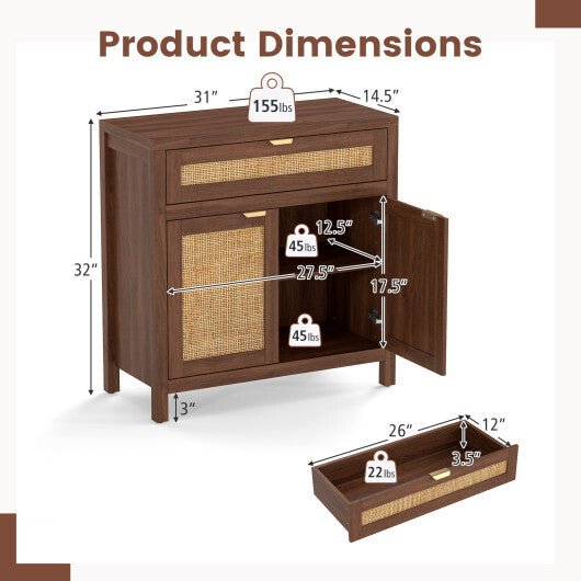 Sideboard Storage Cabinet with Rattan Doors and Drawer-Brown LuxuryLifeWay Online Store