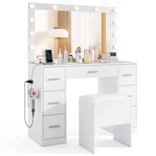 43.5-Inche Vanity Desk with Mirror and Lights for Bedroom-White LuxuryLifeWay Online Store