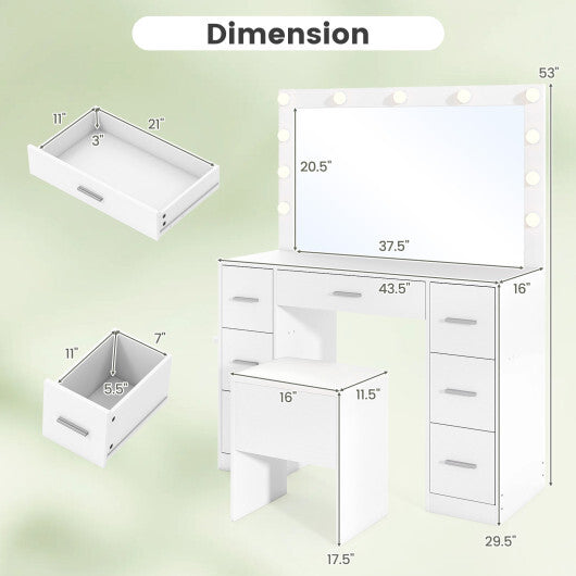 43.5-Inche Vanity Desk with Mirror and Lights for Bedroom-White LuxuryLifeWay Online Store
