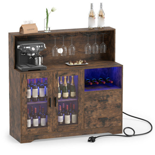 Wine Bar Cabinet with LED Lights and Charging Station-Rustic Brown LuxuryLifeWay Online Store