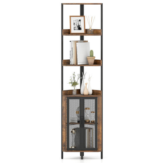 6-Tier Corner Shelf 67 Inches Tall Corner Bookshelf with Cabinet Industrial Bookcase-Brown LuxuryLifeWay Online Store