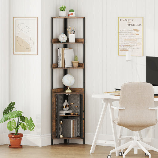 6-Tier Corner Shelf 67 Inches Tall Corner Bookshelf with Cabinet Industrial Bookcase-Brown LuxuryLifeWay Online Store