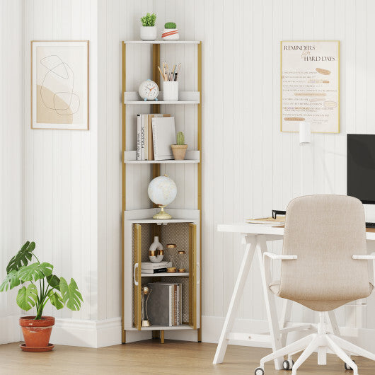 6-Tier Corner Shelf 67 Inches Tall Corner Bookshelf with Cabinet Industrial Bookcase-Brown LuxuryLifeWay Online Store