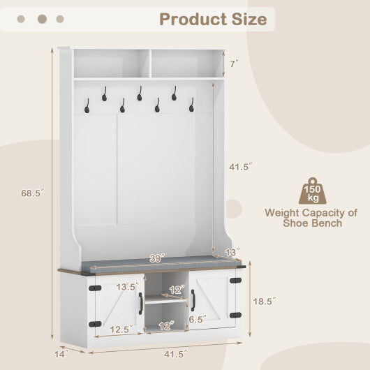 4-in-1 68.5 Inch Tall Coat Rack with Cushioned Bench and Shoe Storage-White
