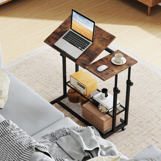 Mobile Stand up Desk Height Adjustable Standing Table with Tilting Tabletop-Rustic Brown