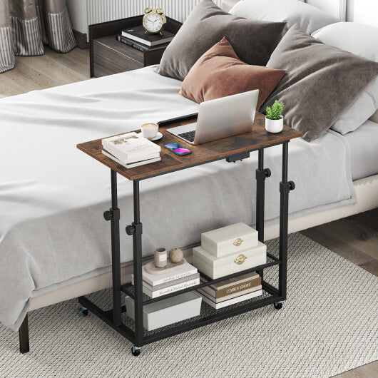Mobile Stand up Desk Height Adjustable Standing Table with Tilting Tabletop-Rustic Brown