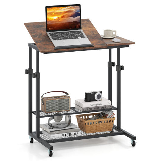 Mobile Stand up Desk Height Adjustable Standing Table with Tilting Tabletop-Rustic Brown