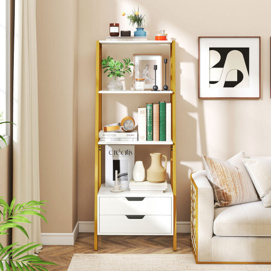 4-Tier Ladder Shelf with 2 Drawers 52.5 Inch Tall Freestanding Bookcase-White LuxuryLifeWay Online Store