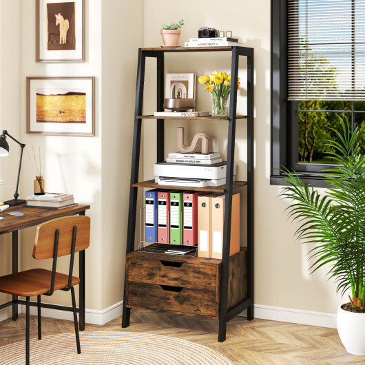4-Tier Ladder Shelf with 2 Drawers 52.5 Inch Tall Freestanding Bookcase-White LuxuryLifeWay Online Store