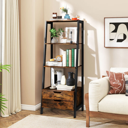 4-Tier Ladder Shelf with 2 Drawers 52.5 Inch Tall Freestanding Bookcase-White LuxuryLifeWay Online Store