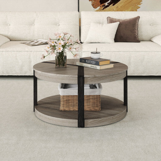 34.5" Rubber Wood 2-Tier Round Center Table with Spacious Tabletop and Storage Shelf-Gray LuxuryLifeWay Online Store