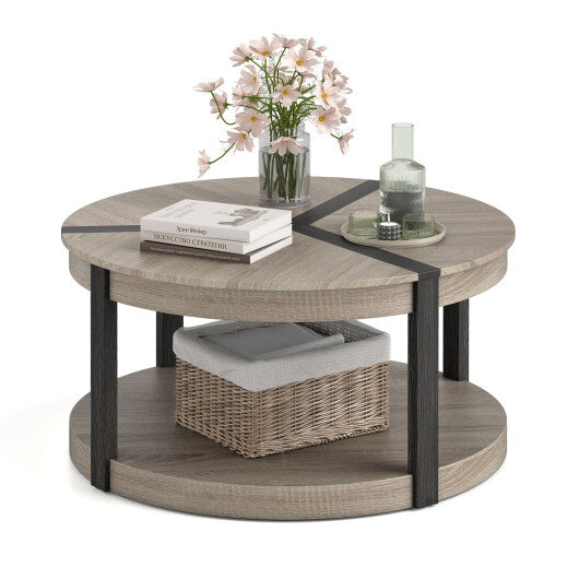 34.5" Rubber Wood 2-Tier Round Center Table with Spacious Tabletop and Storage Shelf-Gray LuxuryLifeWay Online Store