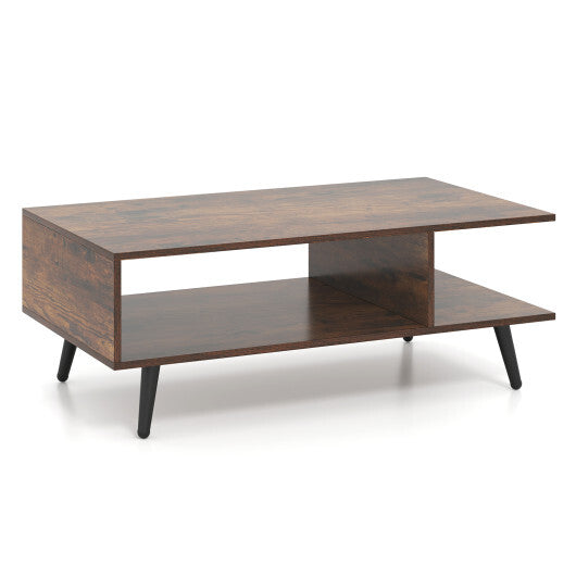 Mid Century Modern Rectangle Coffee Table 2-Tier Accent Table with 2 Open Compartments-Rustic Brown LuxuryLifeWay Online Store