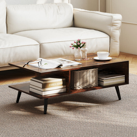 Mid Century Modern Rectangle Coffee Table 2-Tier Accent Table with 2 Open Compartments-Rustic Brown LuxuryLifeWay Online Store