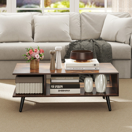 Mid Century Modern Rectangle Coffee Table 2-Tier Accent Table with 2 Open Compartments-Rustic Brown LuxuryLifeWay Online Store