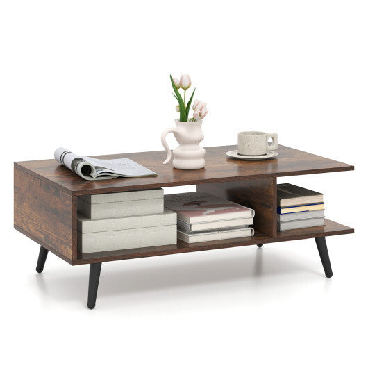 Mid Century Modern Rectangle Coffee Table 2-Tier Accent Table with 2 Open Compartments-Rustic Brown LuxuryLifeWay Online Store