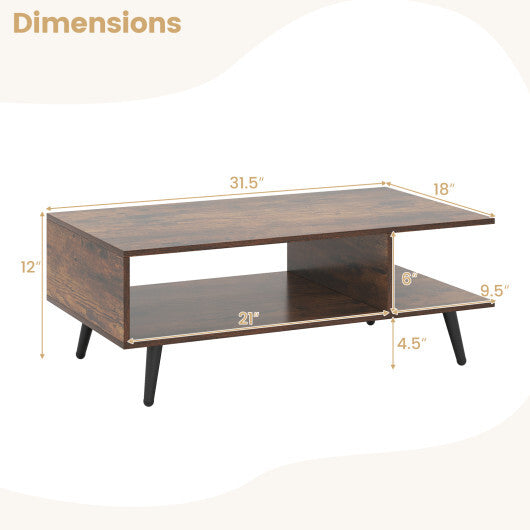 Mid Century Modern Rectangle Coffee Table 2-Tier Accent Table with 2 Open Compartments-Rustic Brown LuxuryLifeWay Online Store