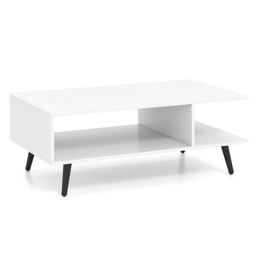 Mid Century Modern Rectangle Coffee Table 2-Tier Accent Table with 2 Open Compartments-Rustic Brown LuxuryLifeWay Online Store