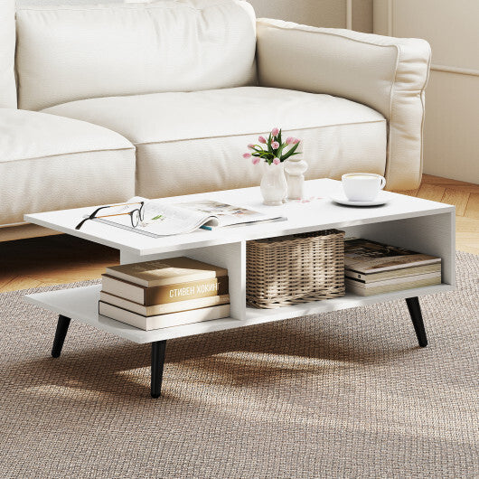 Mid Century Modern Rectangle Coffee Table 2-Tier Accent Table with 2 Open Compartments-Rustic Brown LuxuryLifeWay Online Store