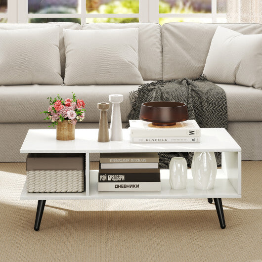 Mid Century Modern Rectangle Coffee Table 2-Tier Accent Table with 2 Open Compartments-Rustic Brown LuxuryLifeWay Online Store