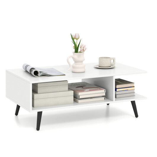 Mid Century Modern Rectangle Coffee Table 2-Tier Accent Table with 2 Open Compartments-Rustic Brown LuxuryLifeWay Online Store