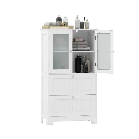 Bathroom Floor Storage Cabinet Freestanding Cupboard Pantry with 2 Drawers and 2 Frosted Glass Doors-White