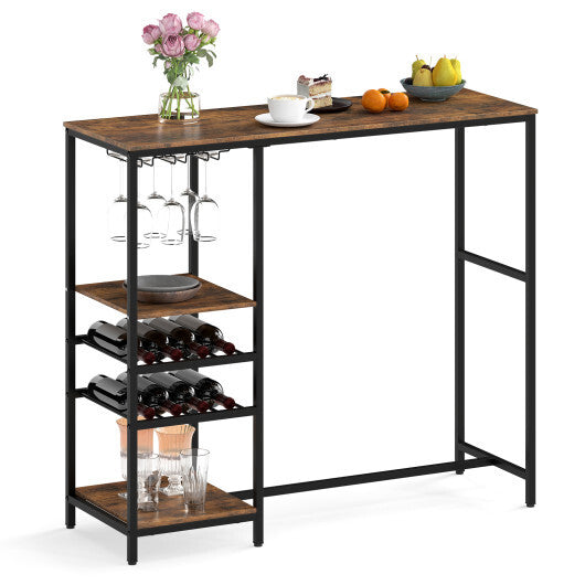 Long Bar Table Bar Height Dining Table with Storage Shelves-Rustic Brown LuxuryLifeWay Online Store