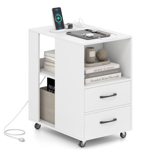 End Table with Built-in Charging Station Sofa Side Bedside Table on Wheels-White LuxuryLifeWay Online Store
