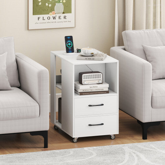 End Table with Built-in Charging Station Sofa Side Bedside Table on Wheels-White LuxuryLifeWay Online Store