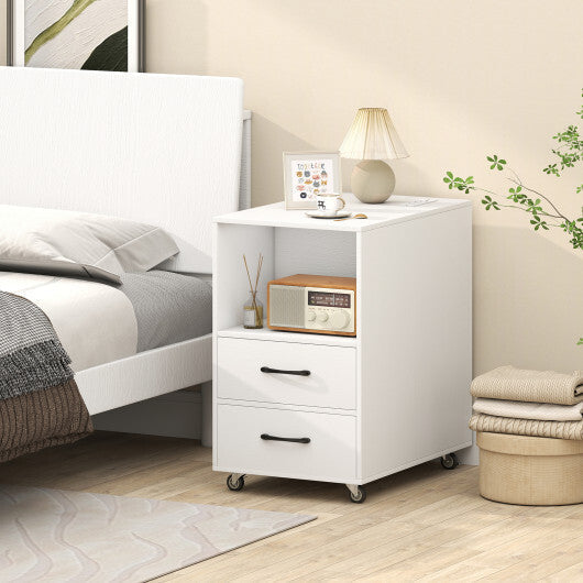 End Table with Built-in Charging Station Sofa Side Bedside Table on Wheels-White LuxuryLifeWay Online Store
