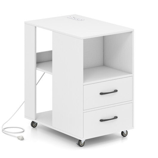 End Table with Built-in Charging Station Sofa Side Bedside Table on Wheels-White LuxuryLifeWay Online Store