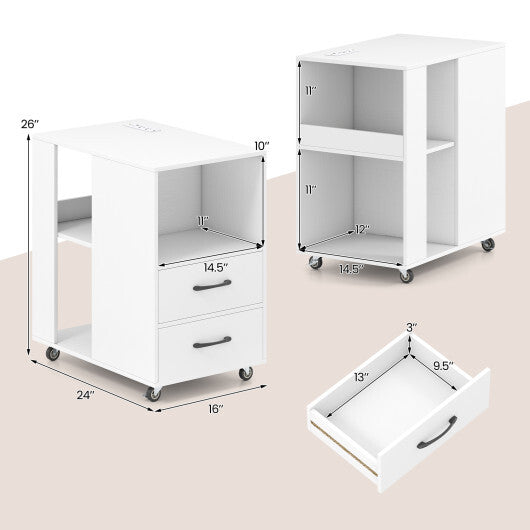 End Table with Built-in Charging Station Sofa Side Bedside Table on Wheels-White LuxuryLifeWay Online Store