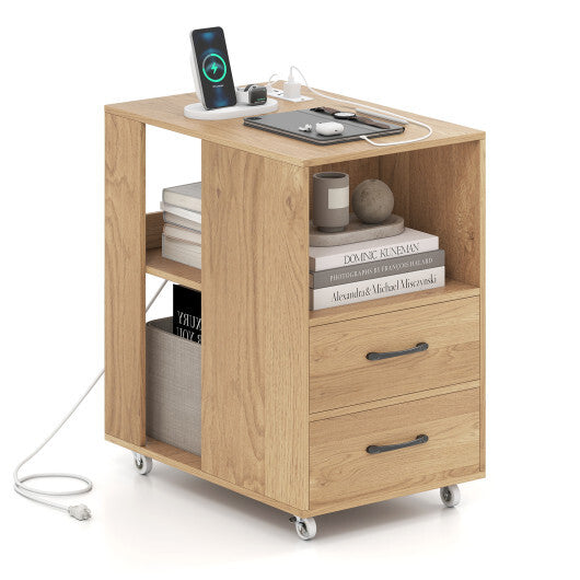 End Table with Built-in Charging Station Sofa Side Bedside Table on Wheels-White LuxuryLifeWay Online Store