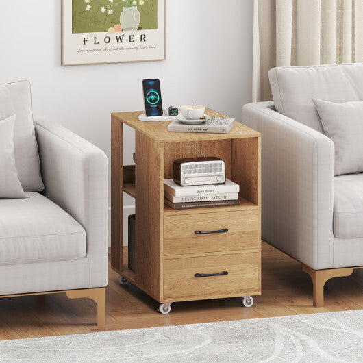 End Table with Built-in Charging Station Sofa Side Bedside Table on Wheels-White LuxuryLifeWay Online Store