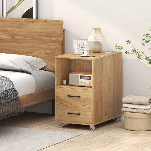 End Table with Built-in Charging Station Sofa Side Bedside Table on Wheels-White LuxuryLifeWay Online Store