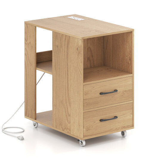 End Table with Built-in Charging Station Sofa Side Bedside Table on Wheels-White LuxuryLifeWay Online Store
