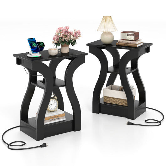 3-Tier End Tables with Charging Station Set of 2 with Open Storage Shelves-Cherry
