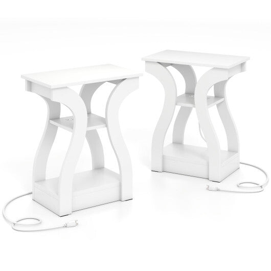 3-Tier End Tables with Charging Station Set of 2 with Open Storage Shelves-Cherry