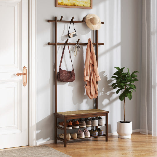 Bamboo Coat Rack PE Rattan Hall Tree with Bench and Shoe Storage 3-In-1 Entryway Bench-Brown